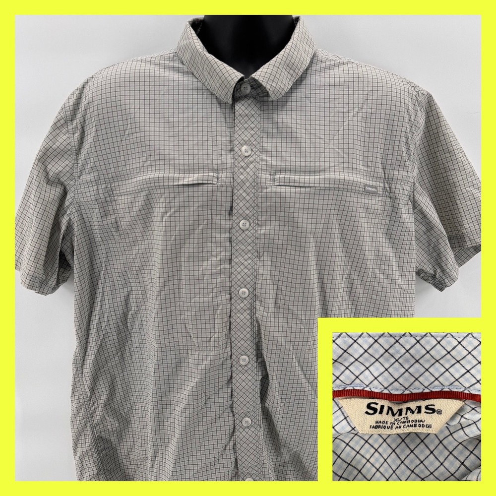 Simms Mens XL Fishing Shirt Short‎ Sleeve Plaid Vented Pockets Quick Dry Hike